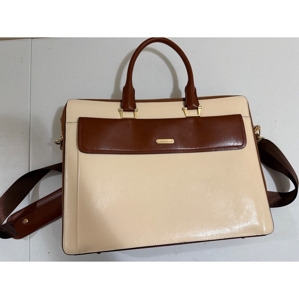 CLUCI Womens Laptop Briefcase Two Tone Cream Brown Vegan Leather Work Bag